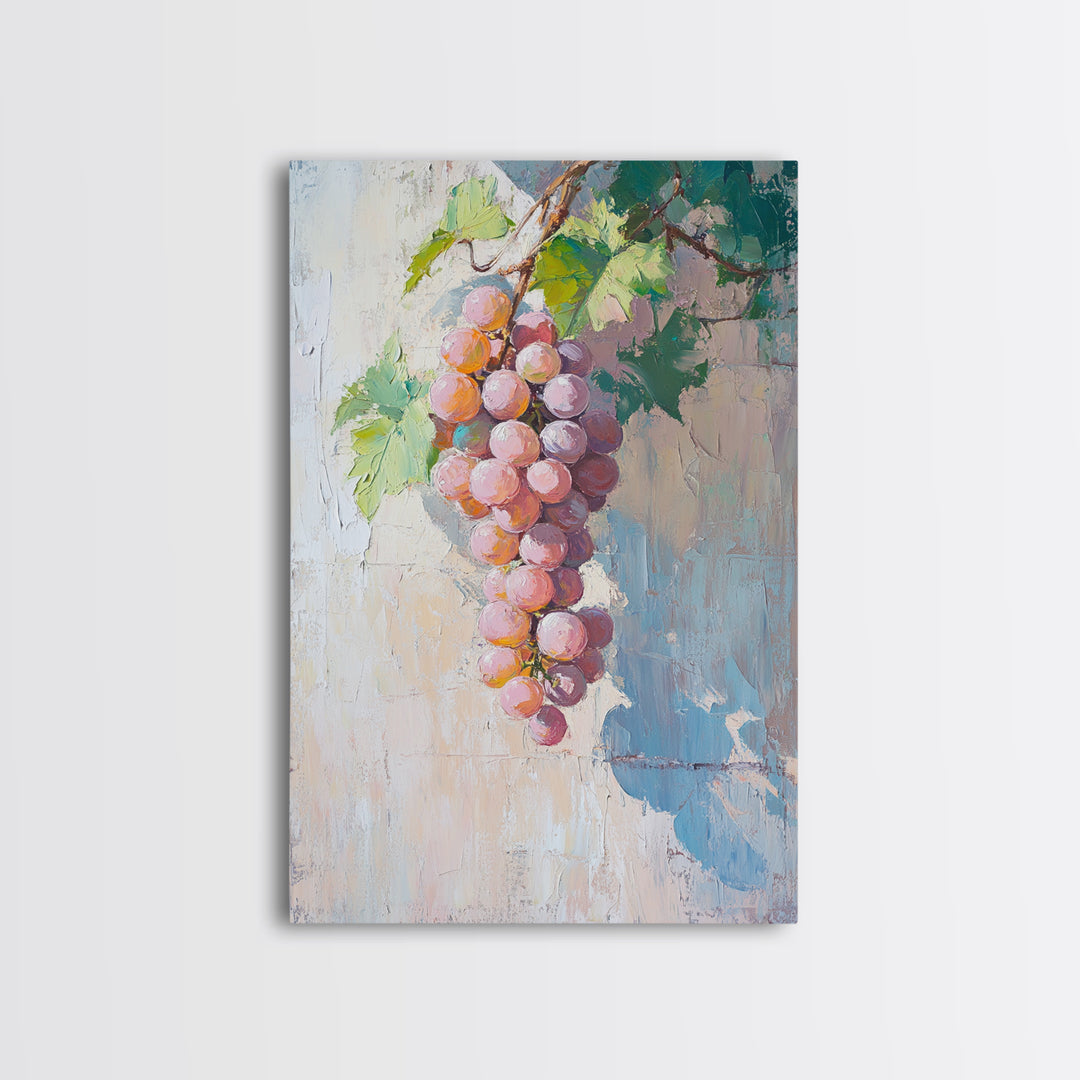 Blush Pink Grapes Hanging On Vine Wall Art, Vineyard Canvas Print, Wine Country Kitchen Decor, Soft Coastal Farmhouse Art
