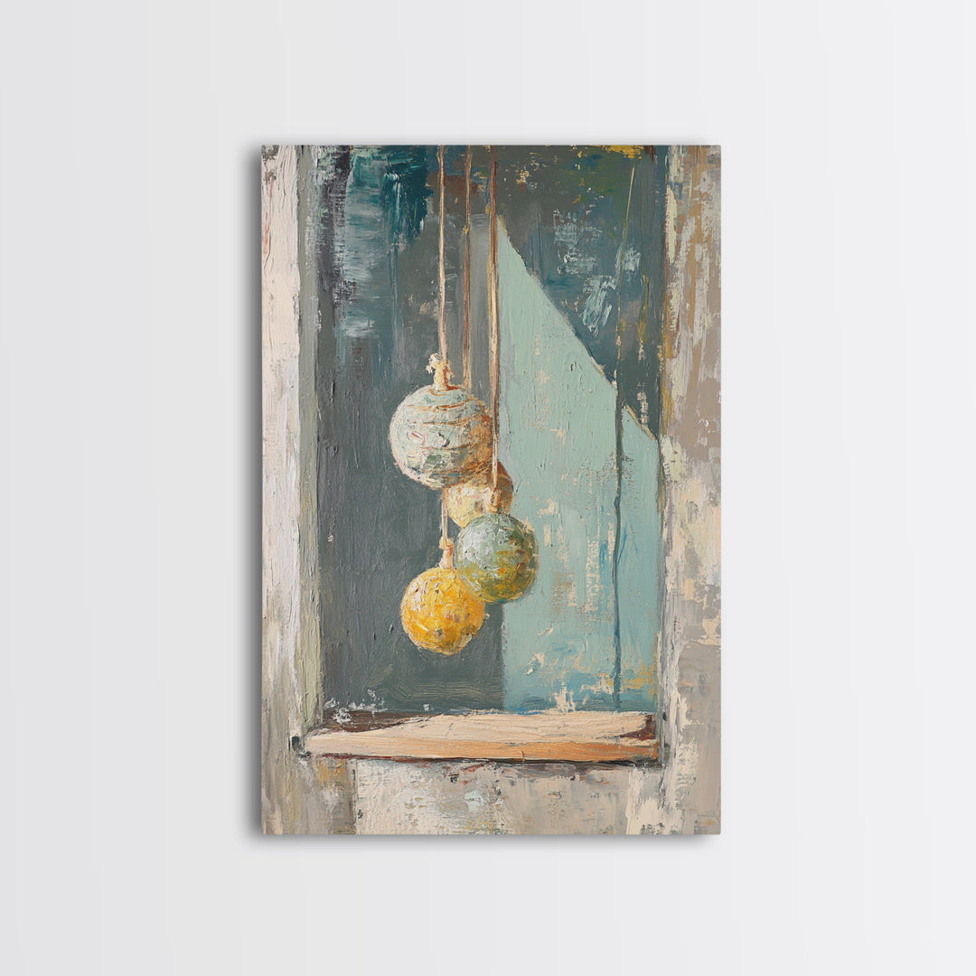 Hanging Textured Ornaments Canvas Print, Rustic Window Still Life, Boho Wall Decor, Neutral Modern Farmhouse Home Decor Art