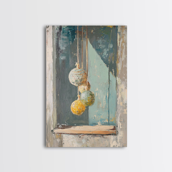 Hanging Textured Ornaments Canvas Print, Rustic Window Still Life, Boho Wall Decor, Neutral Modern Farmhouse Home Decor Art