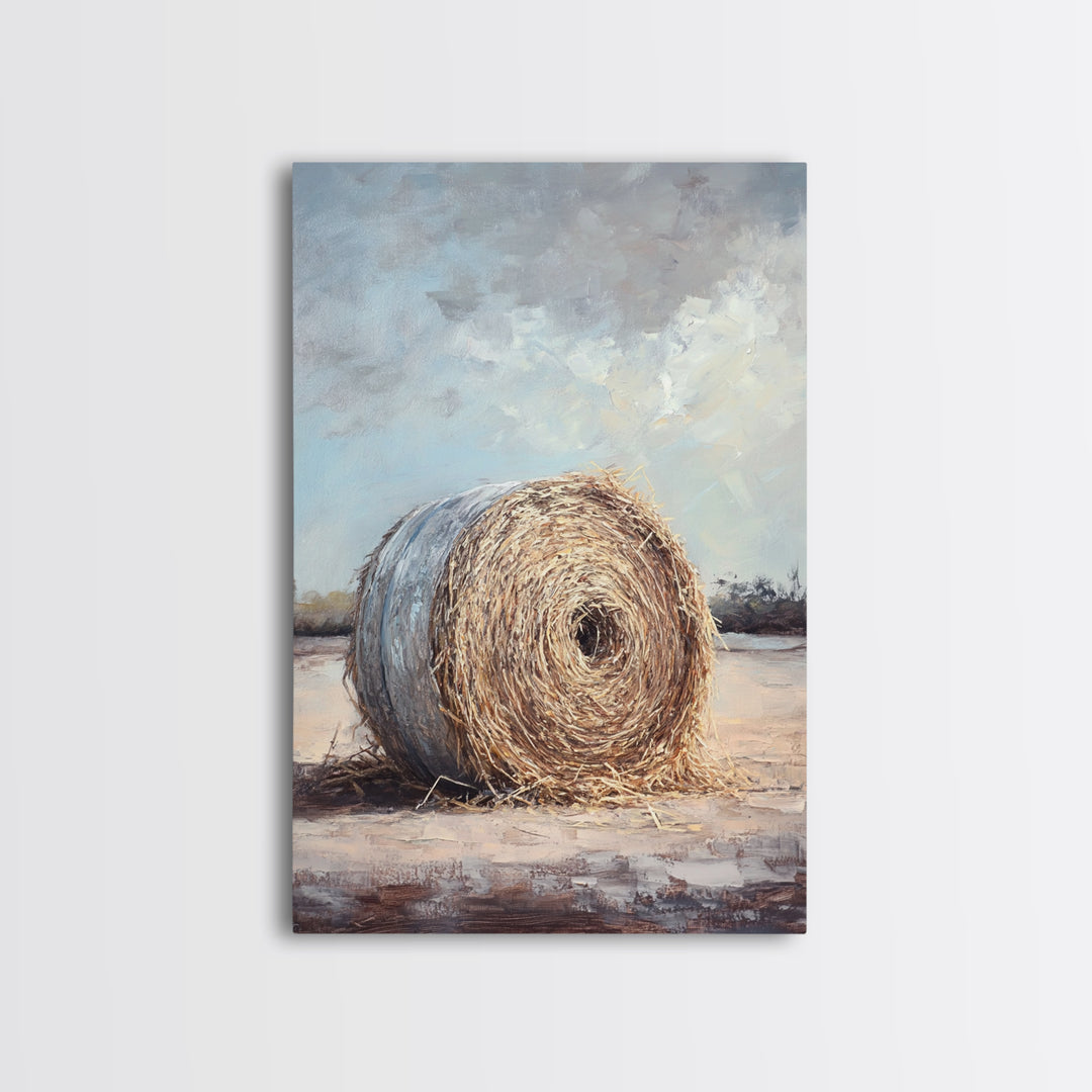 Round Hay Bale Field Wall Art, Rustic Farmhouse Landscape Painting, Country Home Decor, Neutral Large Canvas Print Gift For Her