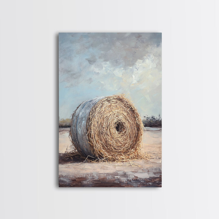 Round Hay Bale Field Wall Art, Rustic Farmhouse Landscape Painting, Country Home Decor, Neutral Large Canvas Print Gift For Her