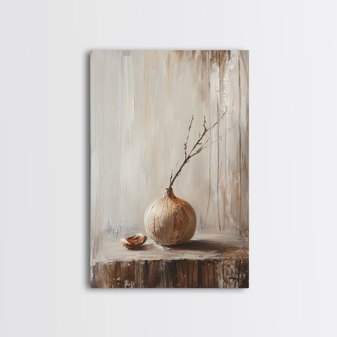 Minimal Onion Still Life Canvas Print, Neutral Kitchen Wall Art, Rustic Farmhouse Decor, Contemporary Vegetable Art Print