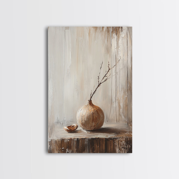 Minimal Onion Still Life Canvas Print, Neutral Kitchen Wall Art, Rustic Farmhouse Decor, Contemporary Vegetable Art Print