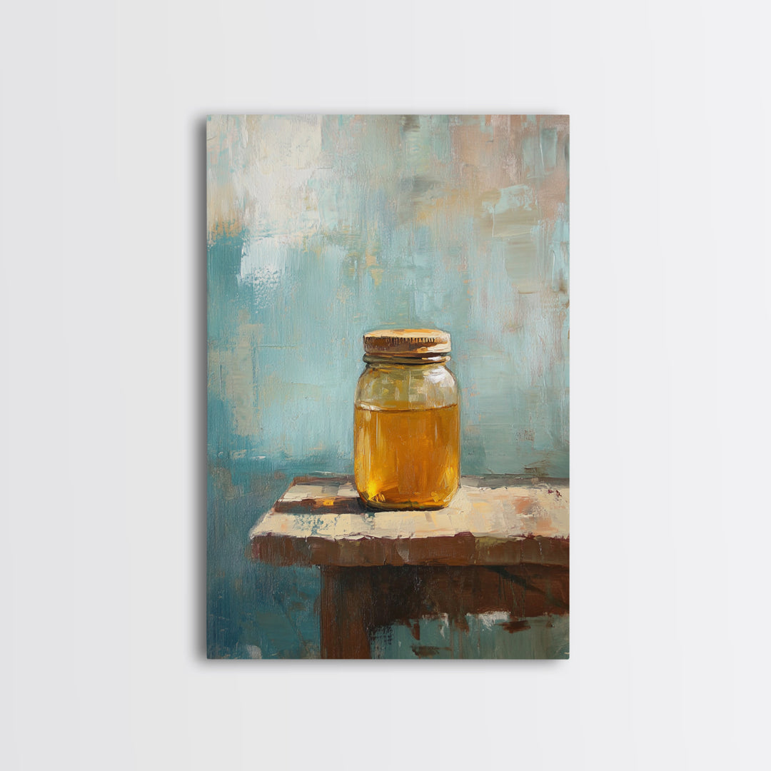 Golden Honey Jar Canvas Print, Rustic Kitchen Wall Art, Farmhouse Still Life Decor, Bee Lover Gift, Modern Home Decor Art
