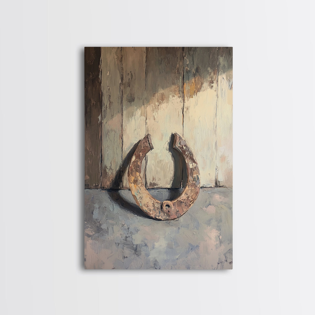 Rusty Horseshoe Still Life Wall Art, Western Farmhouse Decor, Rustic Country Canvas Print, Horse Lover Gift For Him Man Cave Decor