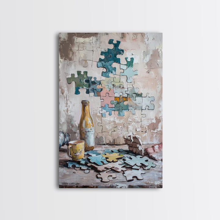 Puzzle Pieces And Bottle Still Life Canvas Print, Whimsical Wall Art, Game Room Decor, Eclectic Wall Art, Unique Gift, Living Room Decor