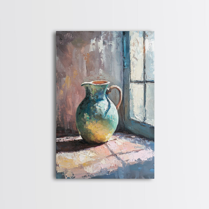 Turquoise Pitcher By Sunlit Window Wall Art, Rustic Kitchen Decor, Still Life Oil Painting, Farmhouse Home Decor Gift For Her