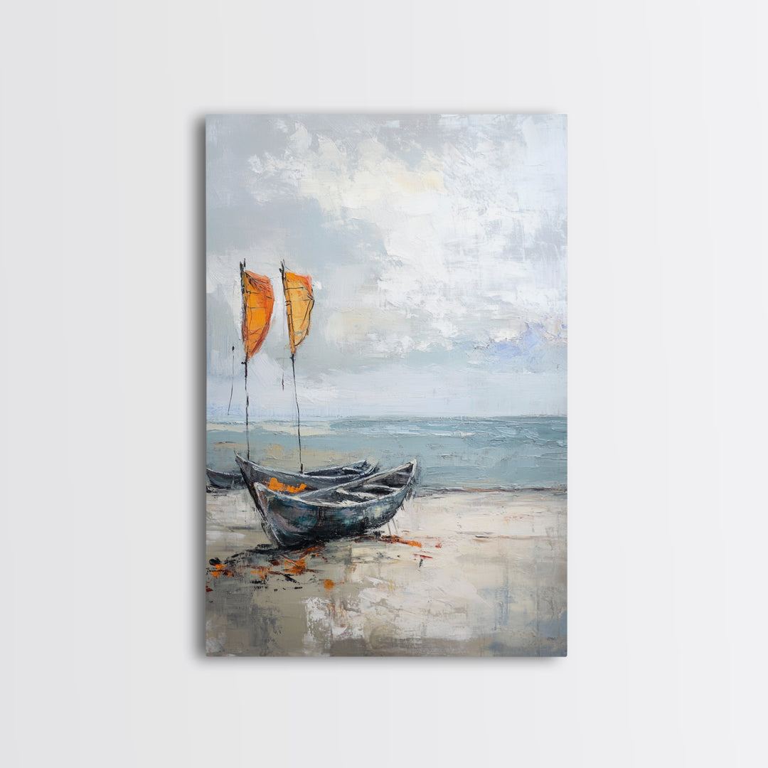 Orange Sailboats On Misty Beach Framed Canvas Print, Coastal Wall Art, Nautical Decor, Ocean Seascape Beach House Gift For Him