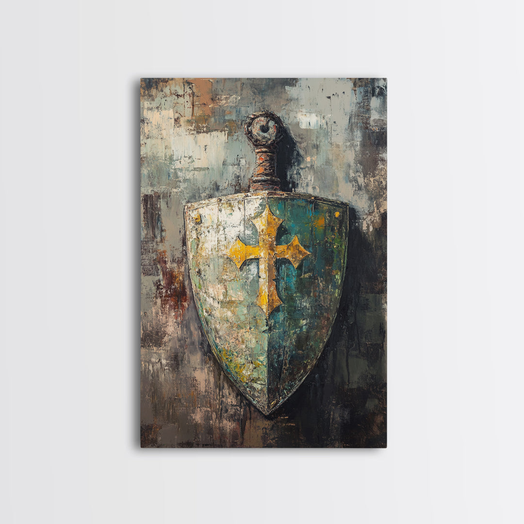 Medieval Shield And Sword Wall Art, Gothic Framed Canvas Print, Fantasy Decor, Knight Armor Gift For Him Home Office Man Cave Decor