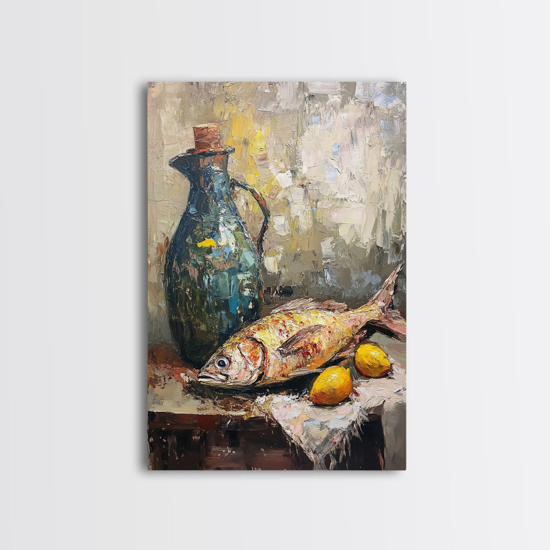 Mediterranean Fish Still Life With Lemons Framed Canvas Print, Coastal Kitchen Wall Art, Seafood Decor, Foodie Gift For Home Chefs