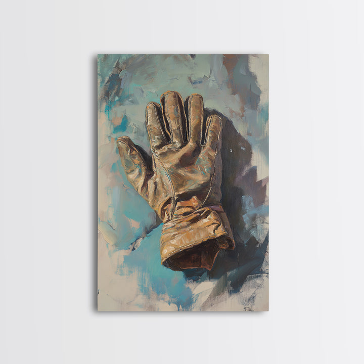 Weathered Leather Work Glove Framed Canvas Print, Rustic Masculine Wall Art, Farmhouse Office Decor, Industrial Decor, Gift For Him