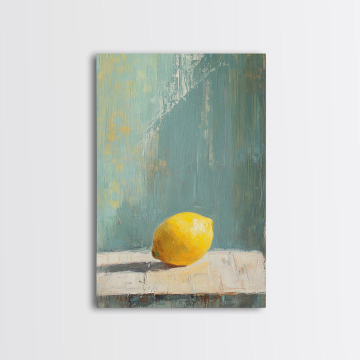 Single Yellow Lemon Still Life Wall Art, Minimalist Kitchen Decor, Neutral Canvas Wall Art, Rustic Farmhouse Art Print Gift