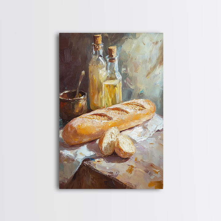 Rustic Baguette And Olive Oil Still Life Canvas Print, French Kitchen Wall Art, Bakery Decor, Food Lover Housewarming Gift