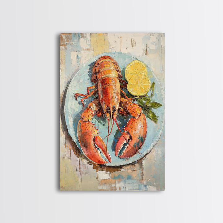 Red Lobster With Lemon Seafood Wall Art, Coastal Kitchen Decor, Nautical Canvas Print, Beach House Decor Gift For Food Lover
