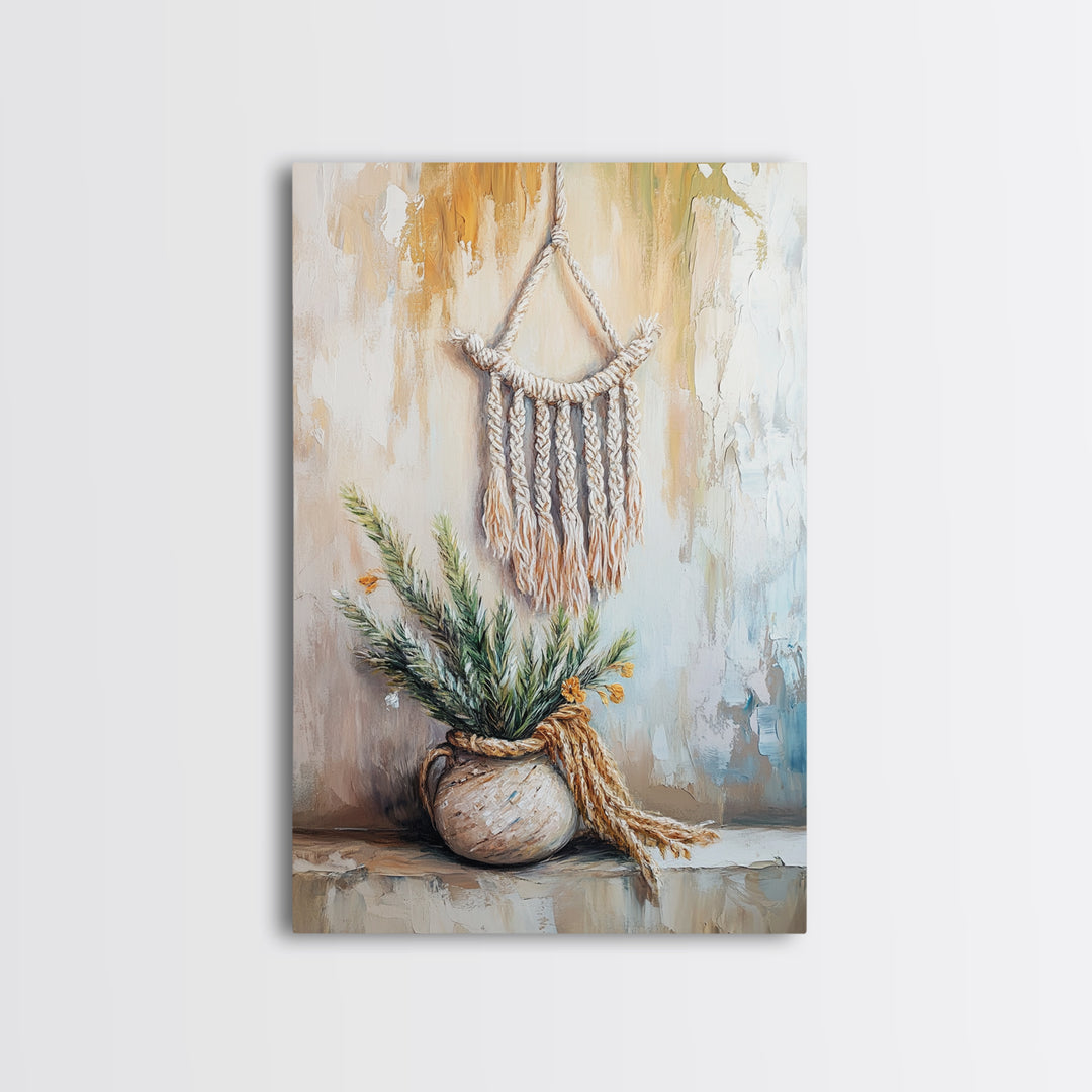 Macrame Hanging With Potted Greenery Wall Art, Boho Wall Decor, Neutral Rustic Home Decor, Wabi Sabi Housewarming Gift For Her