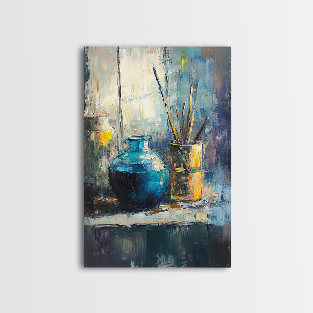 Blue Ceramic Vase With Artist Brushes Wall Art, Textured Still Life Oil Painting, Modern Home Decor, Living Room Art Print