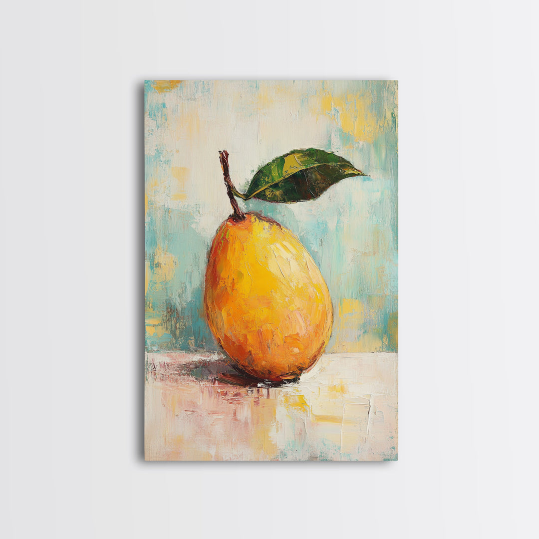 Golden Pear With Green Leaf Wall Art, Textured Fruit Still Life Oil Painting, Kitchen Wall Art, Farmhouse Home Decor, Dining Room Print