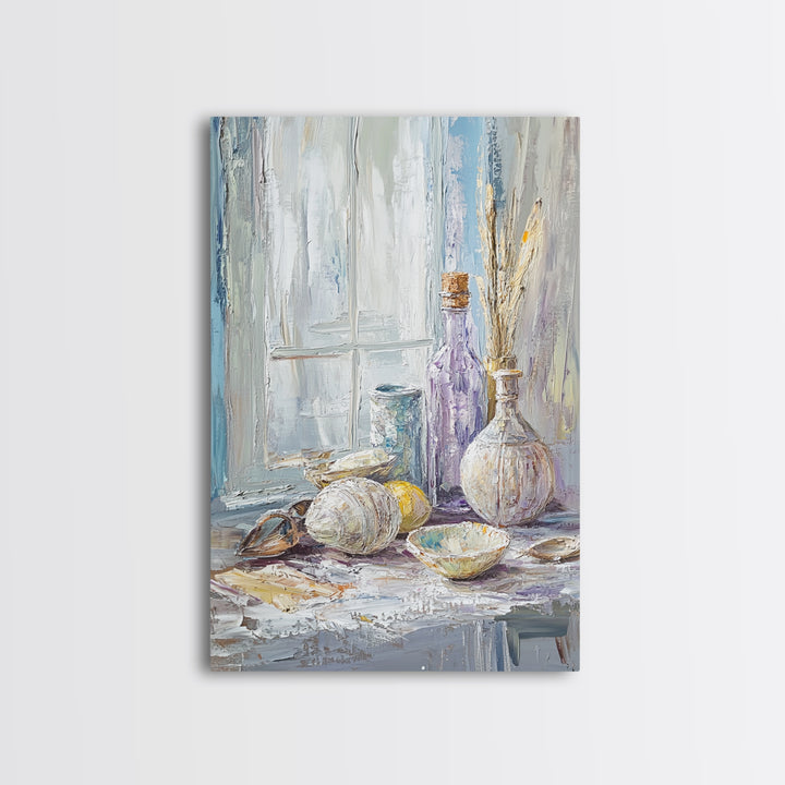 Seashells And Purple Bottle By Window Wall Art, Coastal Still Life Oil Painting, Beach House Decor, Neutral Wall Decor, Bathroom Art