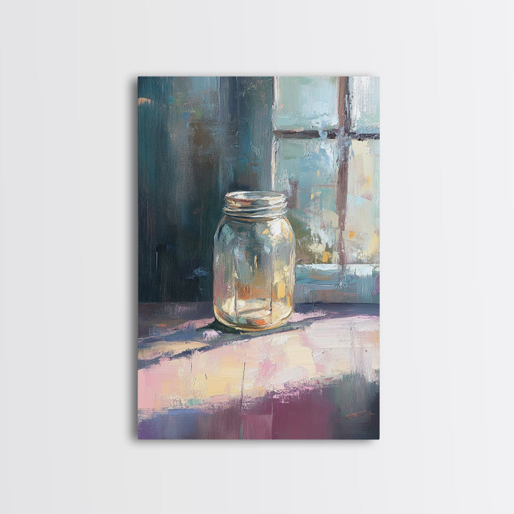 Sunlit Mason Jar On Windowsill Canvas Print, Minimalist Still Life Oil Painting, Rustic Kitchen Decor, Farmhouse Wall Art
