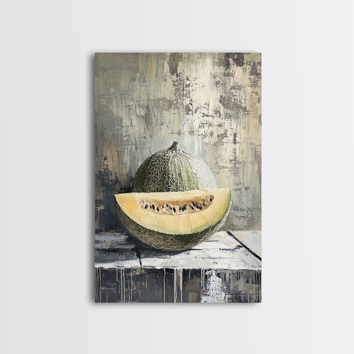 Cantaloupe Melon Still Life Wall Art, Rustic Kitchen Decor, Fruit Painting Print, Farmhouse Dining Room Art For Home Decor