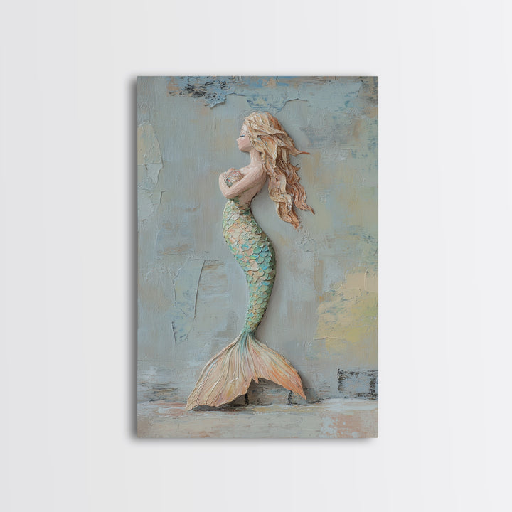 Textured Mermaid Figure Wall Art, Coastal Fantasy Decor, Nautical Canvas Print, Whimsical Ocean Art, Beach House Decor Gift