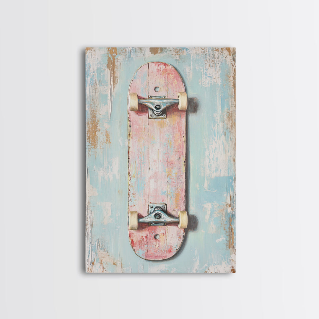 Pastel Pink Skateboard On Distressed Blue Wall Art, Retro Sport Decor, Skater Gift, Trendy Canvas Print For Kids Room Decor