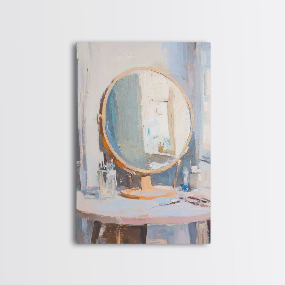 Soft Sunlit Vanity Mirror Still Life Wall Art, Feminine Bedroom Decor, Beauty Room Art, Neutral Framed Canvas Print For Modern Home Decor