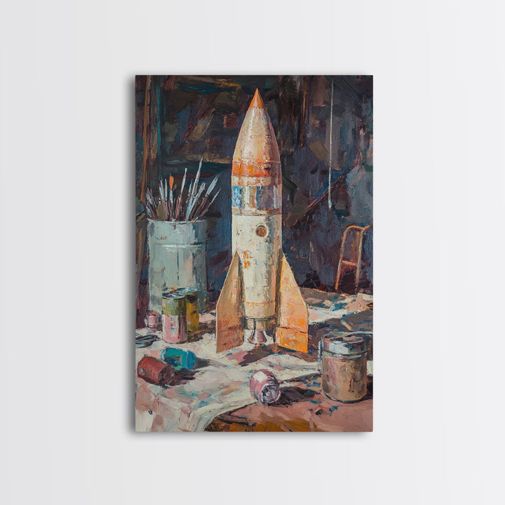 Weathered Toy Rocket In Artist Studio Wall Art, Retro Space Decor, Sci Fi Art Print, Bold Framed Canvas Print For Kids Room