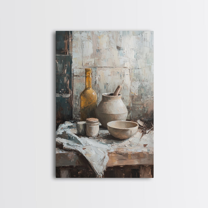 Rustic Pottery Bowl And Olive Bottle Wall Art, Neutral Kitchen Still Life Painting, Farmhouse Framed Canvas Print For Dining Room Decor