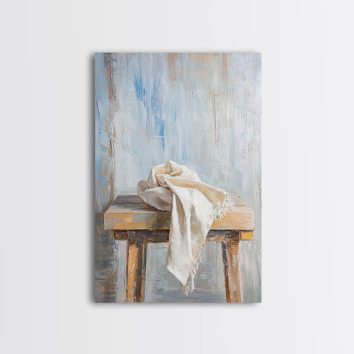 Weathered Wooden Stool With Linen Cloth Canvas Print, Minimalist Rustic Wall Art, Neutral Farmhouse Decor For Bedroom And Living Room