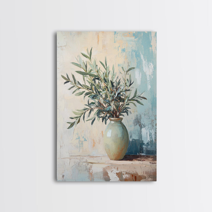 Olive Branches In Ceramic Vase Canvas Print, Mediterranean Botanical Wall Art, Minimalist Kitchen Decor, Neutral Home Decor