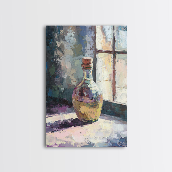 Sunlit Glass Bottle By Window Wall Art, Moody Still Life Painting, Rustic Kitchen Decor, Contemporary Canvas Print For Home