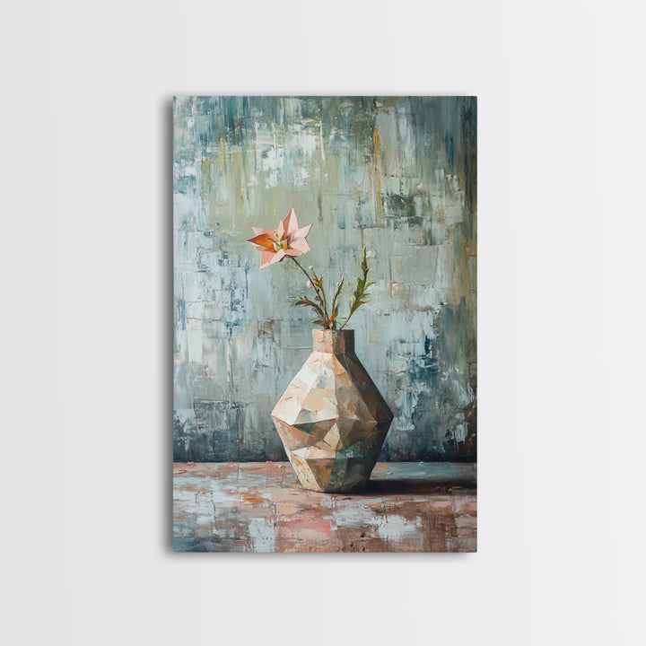 Single Pink Flower In Geometric Vase Canvas Print, Textured Still Life Wall Art For Kitchen Decor And Modern Home Decor Gift