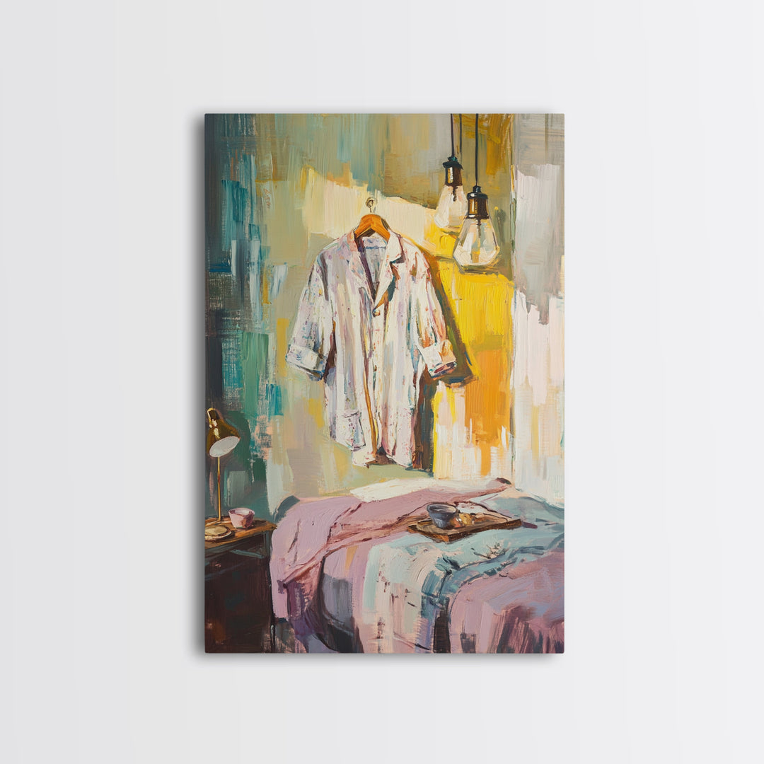 Cozy Bedroom With Hanging Shirt Canvas Print, Warm Guest Room Wall Art, Airbnb Wall Decor And Modern Farmhouse Decor Gift