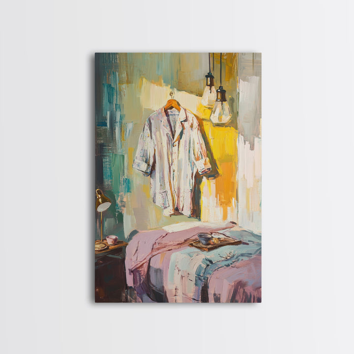 Cozy Bedroom With Hanging Shirt Canvas Print, Warm Guest Room Wall Art, Airbnb Wall Decor And Modern Farmhouse Decor Gift