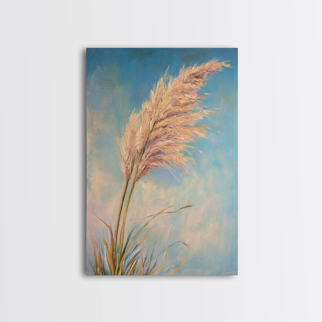 Pink Pampas Grass Against Blue Sky Framed Canvas Print, Coastal Botanical Wall Art For Boho Bedroom Decor And Nature Gift