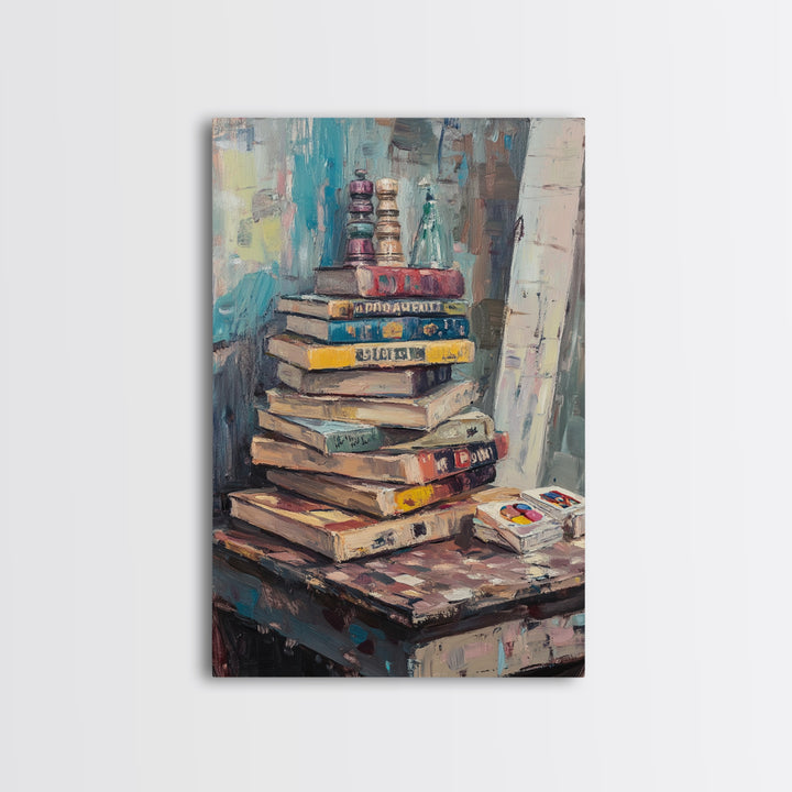 Stack Of Weathered Books Canvas Print, Cozy Library Wall Art For Reading Nook Decor, Book Lover Gift And Office Decor Print