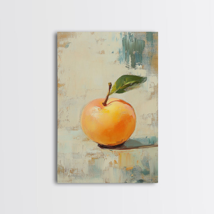 Golden Apple With Green Leaf Canvas Print, Minimal Fruit Still Life Wall Art For Kitchen Decor And Modern Farmhouse Wall Decor