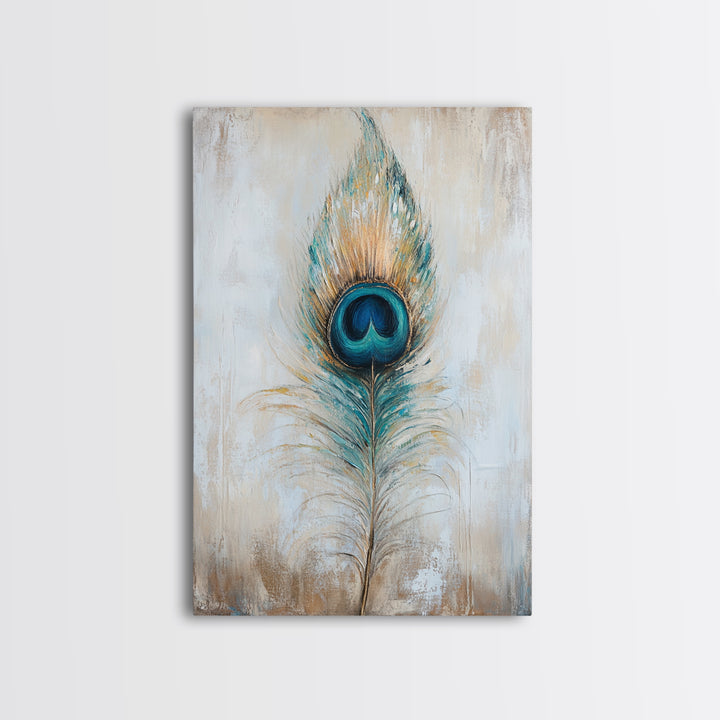 Blue Peacock Feather Wall Art, Boho Bird Feather Canvas Wall Decor, Teal Gold Nature Print, Neutral Living Room Decor, Home Decor