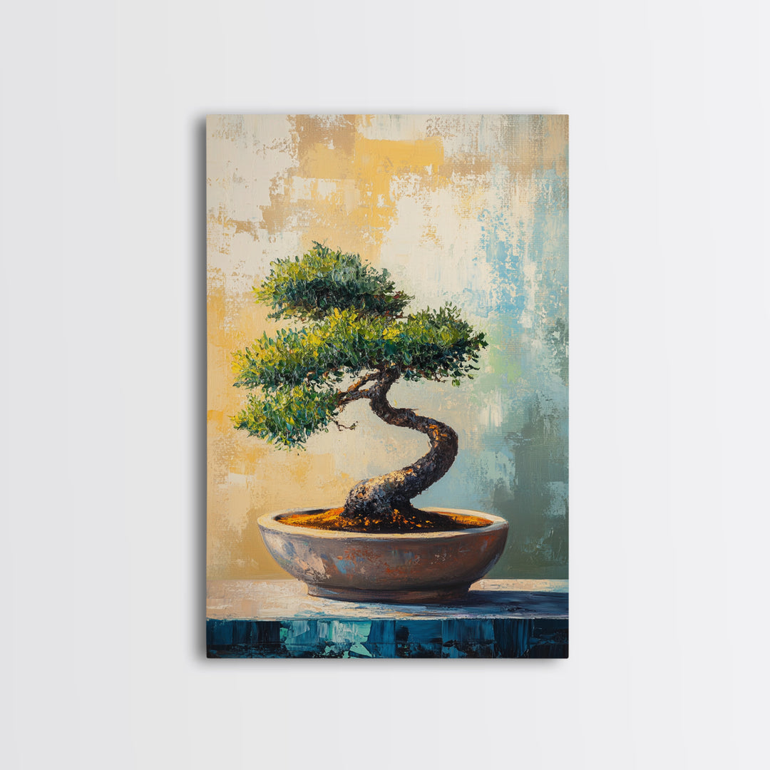 Twisted Bonsai Tree In Bowl Framed Canvas Print, Zen Wall Art, Japandi Home Decor, Mindfulness Office Decor Gift For Meditation Room