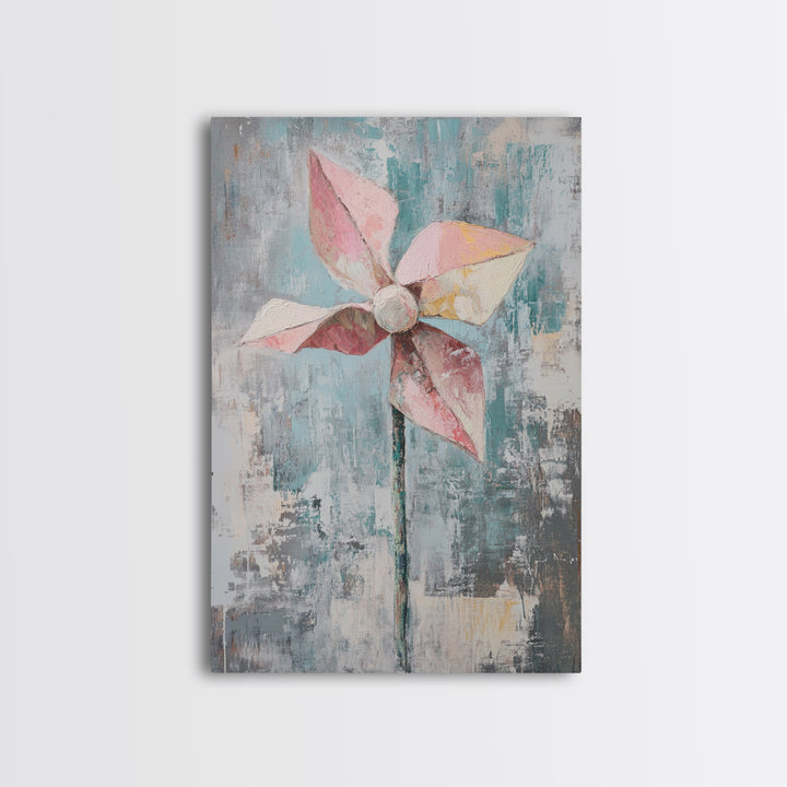 Pink Paper Pinwheel Minimalist Canvas Print, Whimsical Nursery Wall Art, Soft Pastel Playroom Decor Gift For Kids Room Home Decor