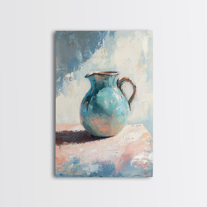 Turquoise Ceramic Pitcher Canvas Print, Rustic Kitchen Wall Art, Coastal Home Decor, Still Life Painting, Gift For Her, Fine Art