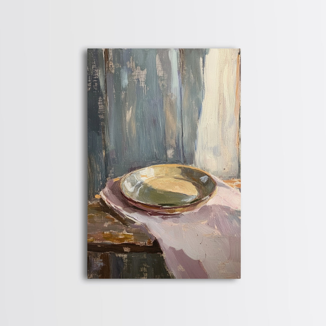 Shallow Ceramic Bowl On Linen Framed Canvas Print, Minimalist Kitchen Wall Art, Neutral Home Decor, Moody Still Life Painting