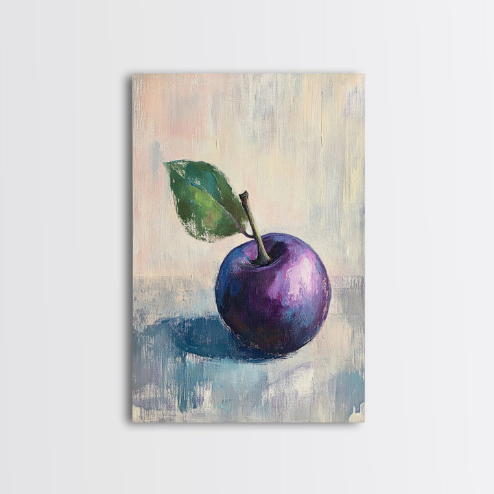 Purple Plum With Green Leaf Canvas Print, Still Life Fruit Art For Kitchen Wall Art, Rustic Farmhouse Home Decor Gift For Her