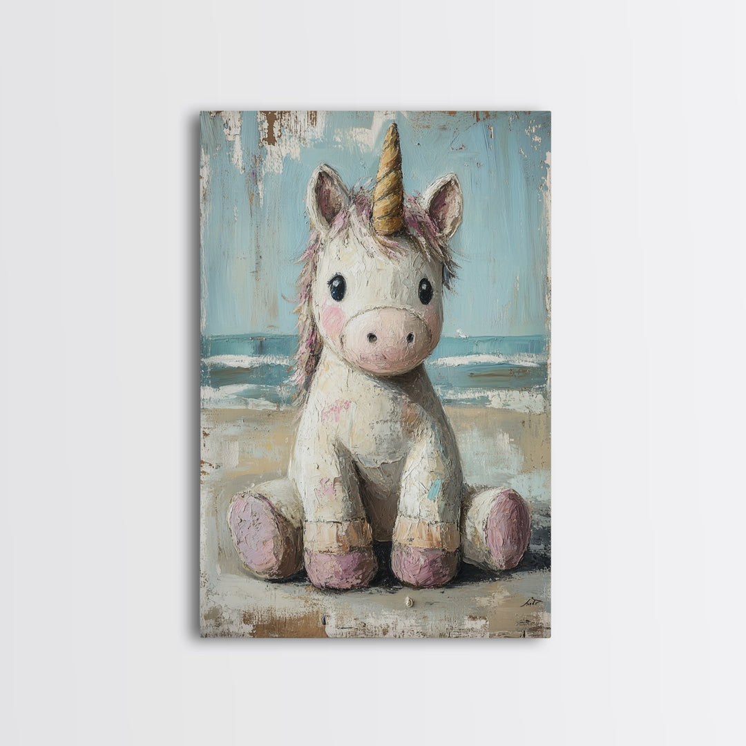 Cute Sitting Unicorn Nursery Wall Art, Whimsical Animal Canvas Print, Girls Room Decor, Magical Baby Shower Gift For Her