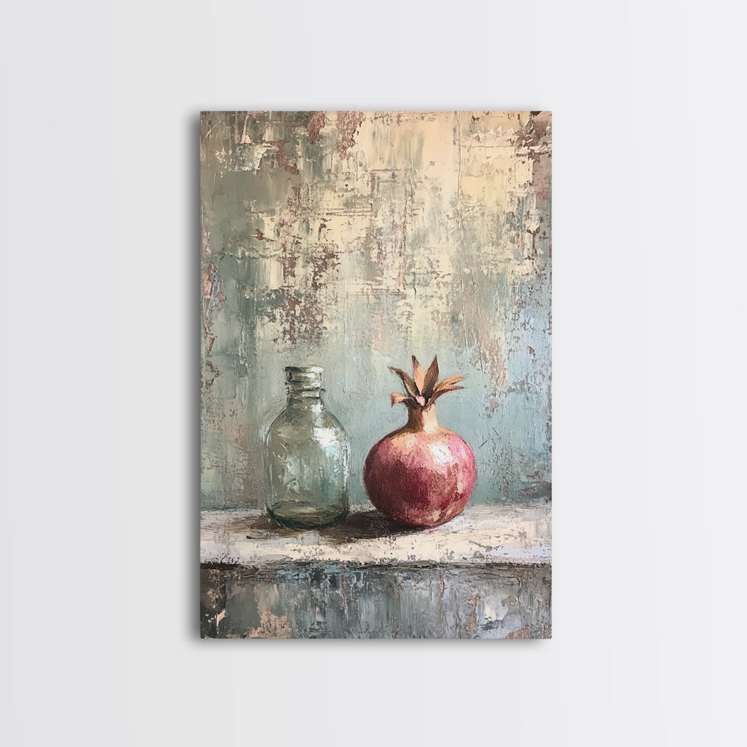 Pomegranate And Glass Bottle Still Life Wall Art, Rustic Fruit Canvas Print, Neutral Kitchen Decor, Housewarming Gift For Her