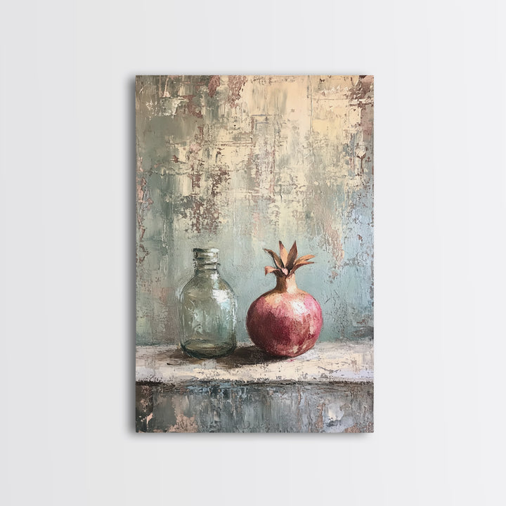 Pomegranate And Glass Bottle Still Life Wall Art, Rustic Fruit Canvas Print, Neutral Kitchen Decor, Housewarming Gift For Her