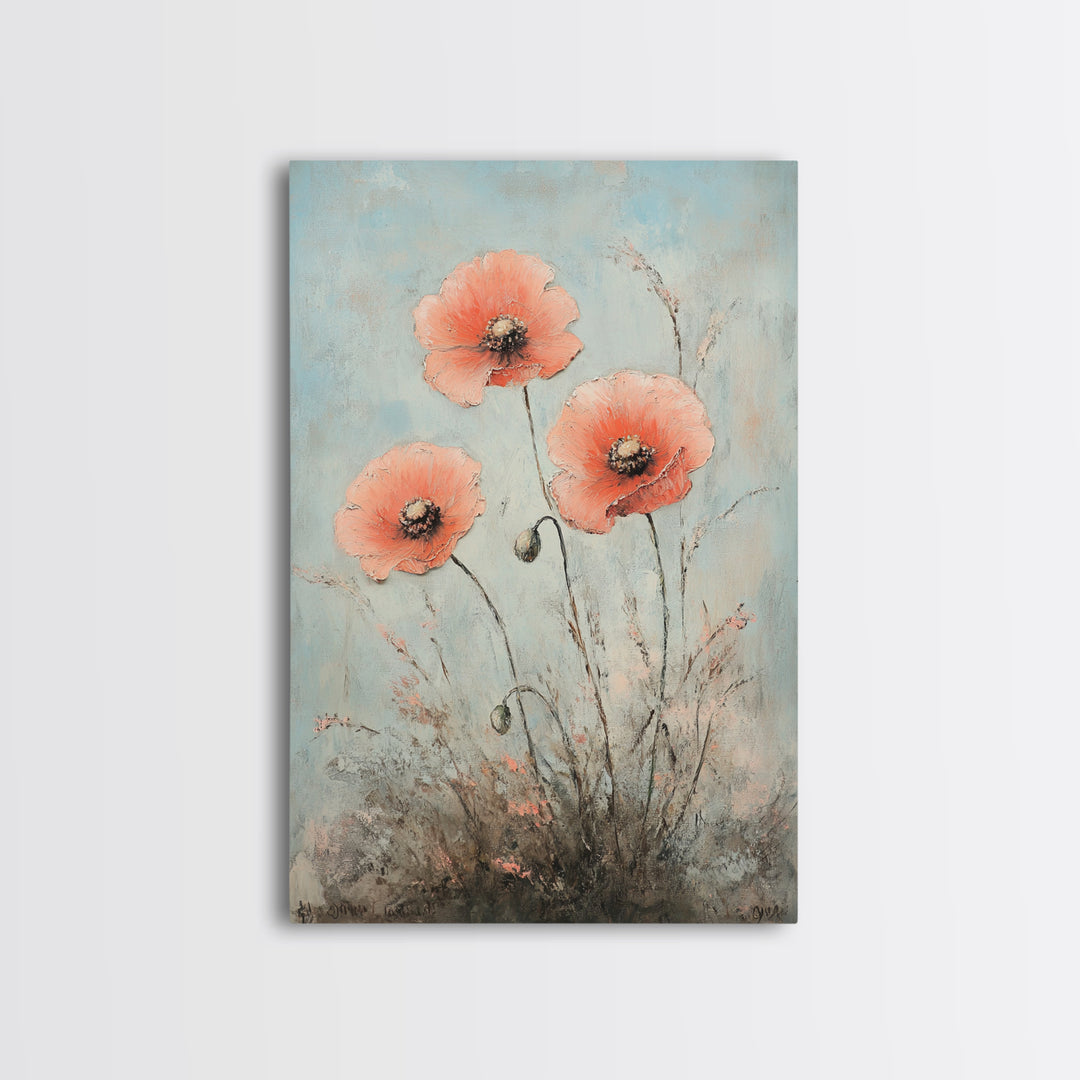 Coral Poppy Flowers On Blue Background Wall Art, Botanical Canvas Print, Floral Wall Decor For Bedroom Home Decor Gift For Her