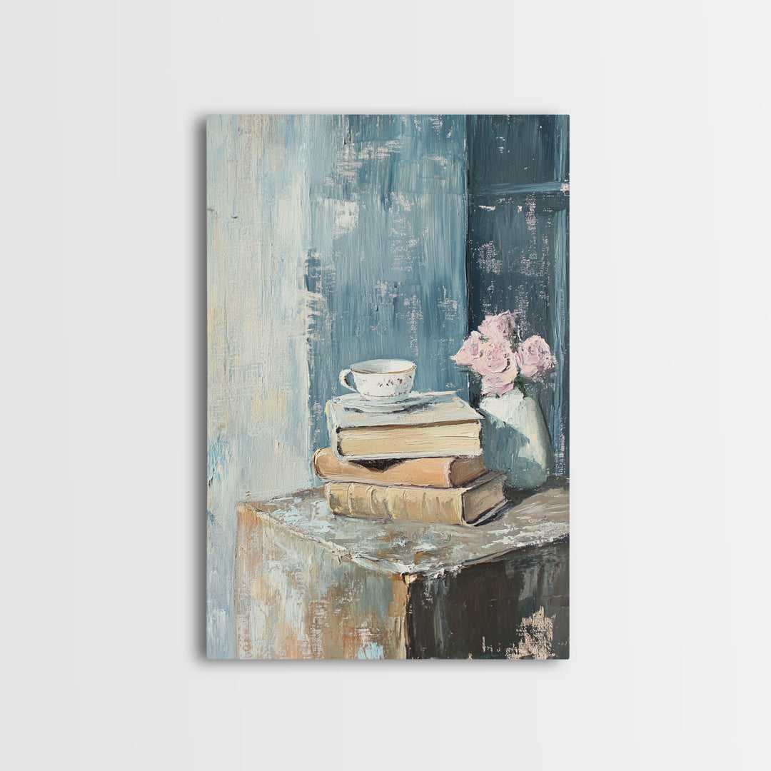 Stacked Books With Teacup And Pink Flowers Canvas Print, Cozy Reading Nook Wall Art, Library Home Decor Gift For Her
