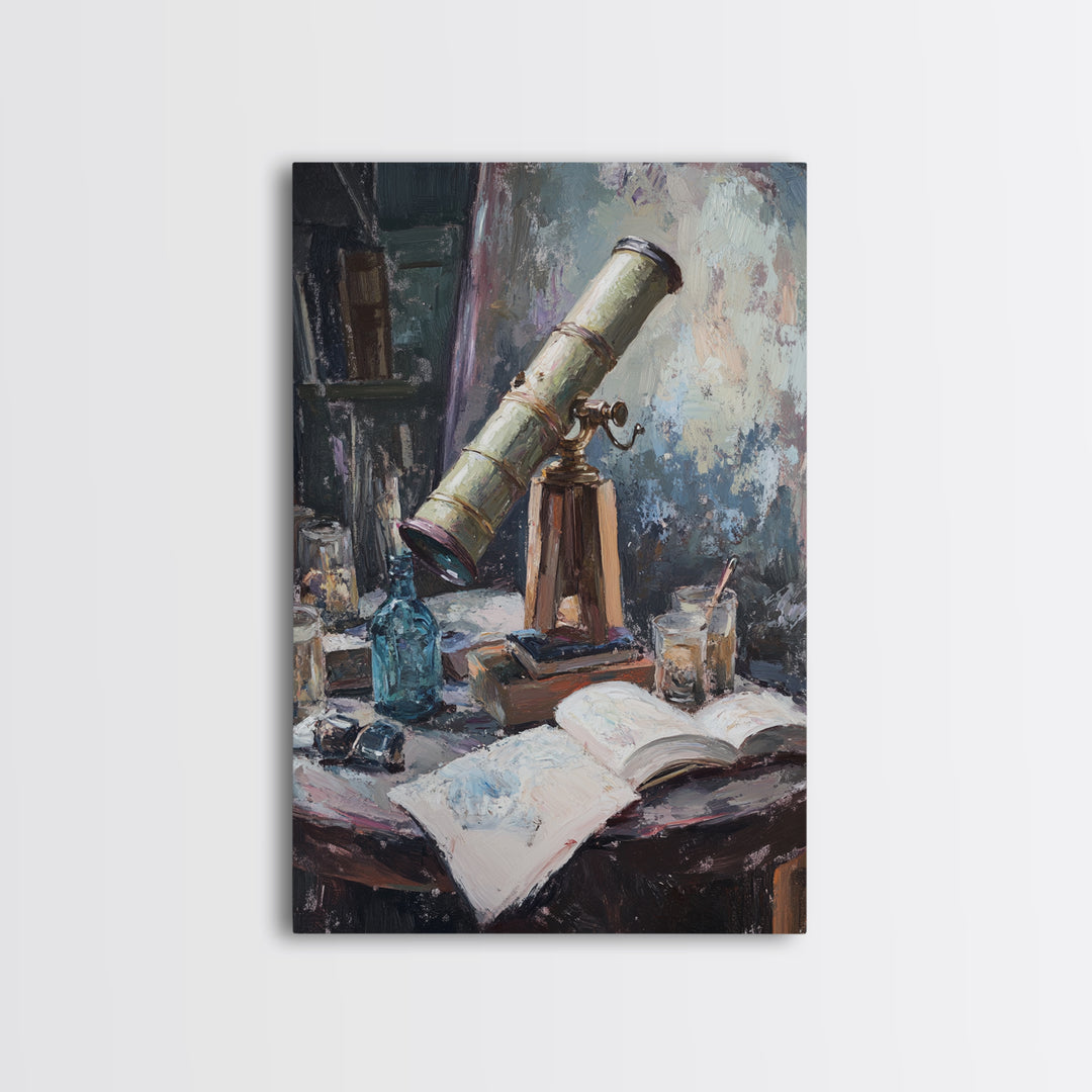 Antique Telescope Books And Open Journal Wall Art, Dark Academia Canvas Print, Astronomy Library Office Decor Gift For Him